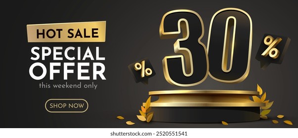 30% de desconto. Desconto composição criativa. Banner e cartaz de venda. Ilustração vetorial.