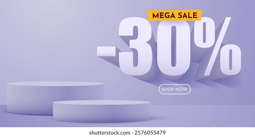 30 percent Off. Discount creative composition. Product presentation, mock up, podium. Sale banner and poster. Vector illustration.