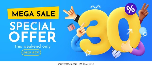 30 percent Off. Discount creative composition. Product presentation, mock up, podium. Sale banner and poster. Vector illustration.