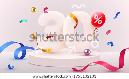 30 percent Off. Discount creative composition. 3d sale symbol with decorative objects, heart shaped balloons, golden confetti, podium and gift box. Sale banner and poster. Vector illustration.