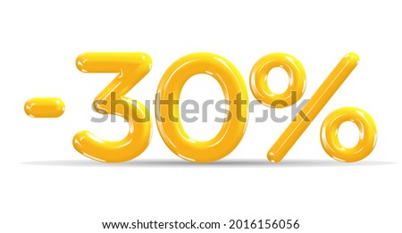 30 percent Off. Discount creative composition of golden or yellow balloons. 3d mega sale or thirty percent bonus symbol on white background. Sale banner and poster. Vector illustration.