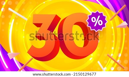 30 percent Off. Discount creative composition. 3d mega sale symbol with decorative objects. Sale banner and poster. Vector illustration.