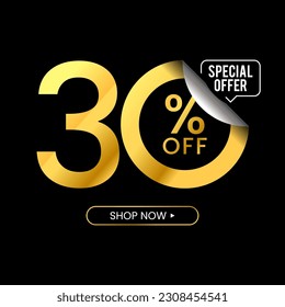 30 Percent Off Discount. Golden Numbers With Percent Sign And Unique Zeros In Black Background. Special Offer. Vector Illustration