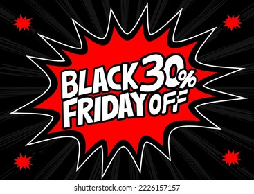 30 Percent OFF Discount on a Comics style bang shape background. Abstract vector black Friday vector illustration. halftone dot versus comic. Pop art comic discount promotion banners.