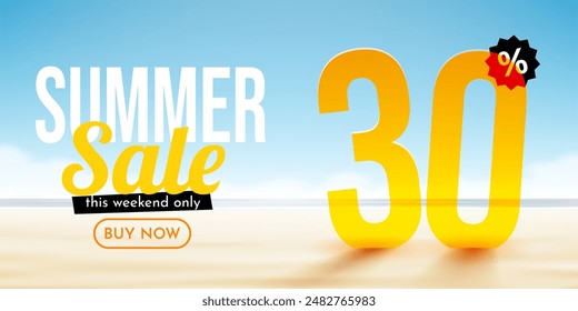 30 Prozent Rabatt. Rabatt Sommerzusammensetzung. Ocean Beach. Sale Banner und Poster. Vektorillustration.