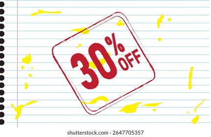 30% de desconto. Desconto para suas vendas. Plano de fundo composto da imagem de uma folha de bloco de anotações em branco com manchas de tinta amarela e porcentagem vermelha representada como um selo..eps