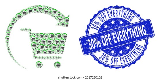 30 percent Off Everything corroded round seal print and vector recursion collage repeat shopping order. Blue seal includes 30 percent Off Everything caption inside round shape.