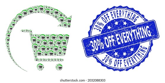 30 percent Off Everything corroded round seal print and vector recursion collage repeat shopping order. Blue seal includes 30 percent Off Everything caption inside round shape.