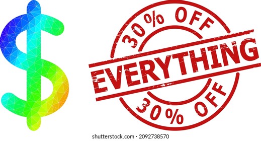 30 percent Off Everything dirty stamp seal and low-poly spectrum colored dollar sign icon with gradient. Red stamp has 30 percent Off Everything caption inside circle and lines form. svg