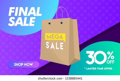 30 percent off Final Sale Shopping bag Colorful Mega Discount sale minimal gradient vector illustration banner