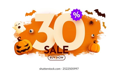 30% de desconto. Modelo de banner de venda de Halloween. Pódio e números com quantia de desconto. Oferta especial de outubro. Ilustração vetorial.