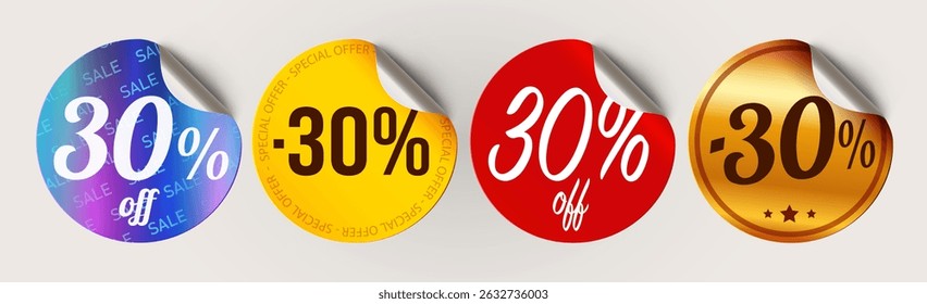30 percent off label Set. Sale, Special Offer, Flash sale. Shopping labels. Curled stickers on White Background. Vector illustration