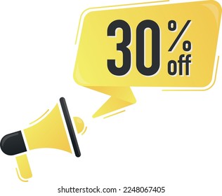30 percent off. Megaphone and colorful yellow speech bubble with quote. Blog management, blogging and writing for website. Concept poster for social networks, advertising, banner