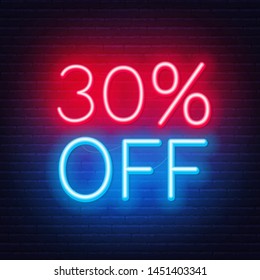 30 percent off neon lettering on brick wall background. Vector illustration