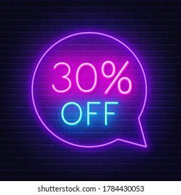 30 Percent Off Neon Sign On A Dark Background.