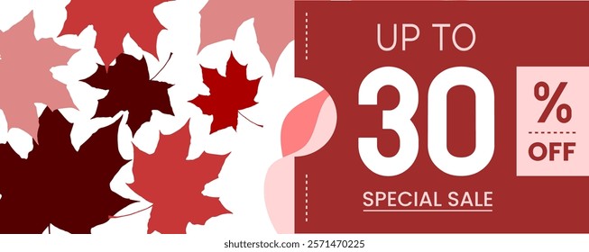 30% percent off red special sale autumn dry leaf banner, up to, modern, fashion, flat, nature, abstract