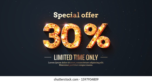 30 Percent Off Sale Background with golden numbers. For new year and black friday shop discount design templates