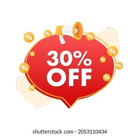 30 percent OFF Sale Discount Banner with megaphone. Discount offer price tag. 30 percent discount promotion flat icon. Vector illustration.