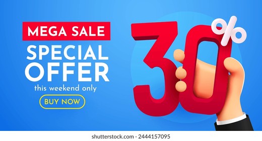 30 percent Off Sale. Hand holding discount percentage. Special offer. Vector illustration.