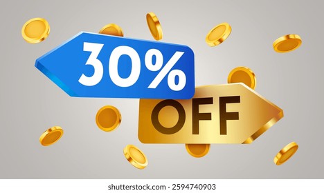 30 percent off sale label with falling golden coins. Cashback or sale concept. Vector illustration
