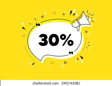 30 percent off Sale. Megaphone yellow vector banner. Discount offer price sign. Special offer symbol. Thought speech bubble with quotes. Discount chat think megaphone message. Vector