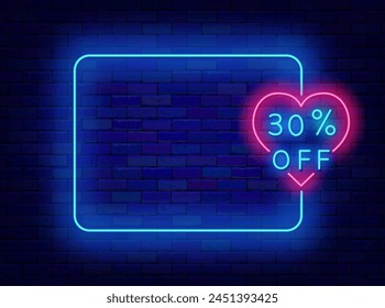 30 percent off sale neon announcement. Heart shape special offer. Romantic February shopping. Empty blue frame. Copy space. Bright flyer. Glowing poster. Editable stroke. Vector stock illustration