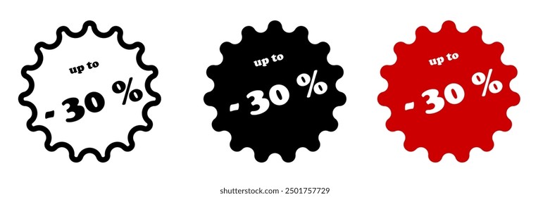 Up to 30 percent off Sale. sticker badge with offer. Discount offer price sign. Special offer symbol. Save 30 percentages. Paper label banner. Discount tag adhesive tag. Vector