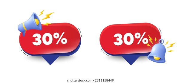 30 percent off sale tag. Speech bubbles with 3d bell, megaphone. Discount offer price sign. Special offer symbol. Discount chat speech message. Red offer talk box. Vector