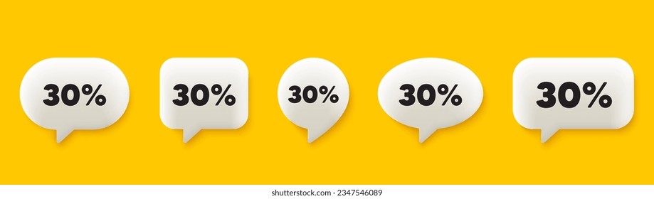 30 por ciento fuera de venta. Se establecen burbujas de discurso de chat en 3d. Signo de precio de oferta de descuento. Símbolo de oferta especial. Mensaje de voz de descuento. infografía de la caja de llamadas. Vector