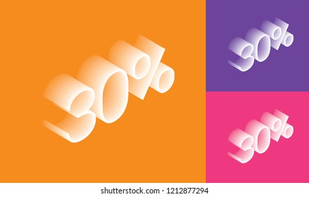 30% percent off, sale, White-transparent object 3D. Isometric Letters. Trendbackground color (yellow-purple-violet). Eps10 Vector.
