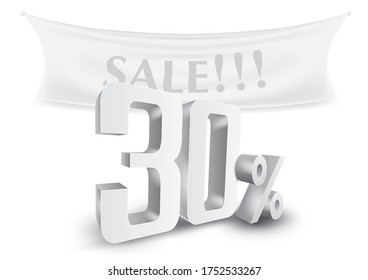 30 Percent Off Silver 3D Sale Text Discount Template. EPS10 Vector