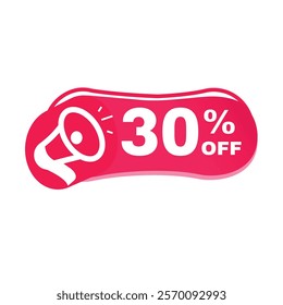 30 percent off, vector element, banner symbol modern design with megaphone label. Red graphic sign.