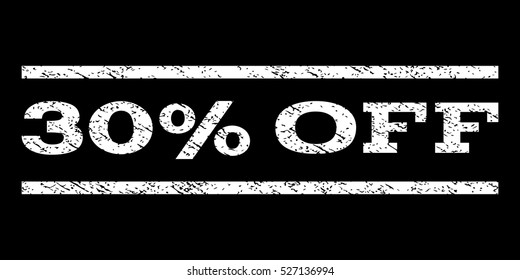 30 Percent Off watermark stamp. Text caption between horizontal parallel lines with grunge design style. Rubber seal white stamp with dirty texture. Vector ink imprint on a black background. svg