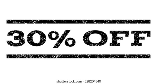 30 Percent Off watermark stamp. Text caption between horizontal parallel lines with grunge design style. Rubber seal black stamp with dirty texture. Vector ink imprint on a white background. svg