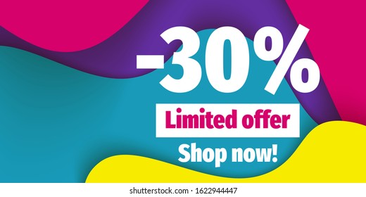 30% Percent Offer Background with abstract wavy shapes. For holiday finances template design