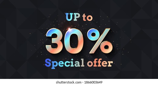 30 Percent Offer Background with shining numbers on black background. Sale banner template design. New Year, Black friday holiday seasonal discount template