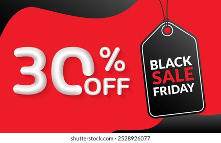 30% de desconto. Banner de venda Black Friday com etiqueta de preço pendurada. Banner de desconto, rótulo, design de panfleto. Modelo de cartaz de promoção e marketing. Ilustração vetorial.