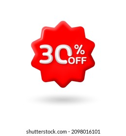 30 percent price off icon or label. 3d sale or discount badge or price tag for promo design. Vector illustration.