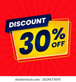 30% de desconto promocional Banner Design com balão amarelo e fundo vermelho para vendas, ofertas e promoções de marketing