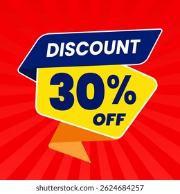 30 Percent Promotional Discount Banner Design with Yellow Balloon and Red Background for Sales, Offers, and Marketing Promotions