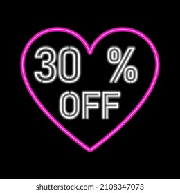 30 percent SALE glowing neon lamp sign. Vector illustration.