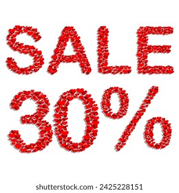 30 Percent Sale Text with Red Hearts on White Background, 30% Sale, 30% Off Sale Text. Special offer, Discount, Percentages, Sale Window, Sign Poster, Retail, Store Signs. Vector Image.