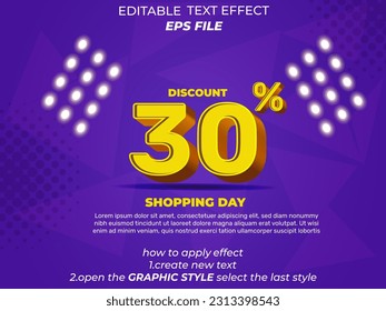 30 percent shopping day special offer discount text effect, 3d text, editable for commercial promotion