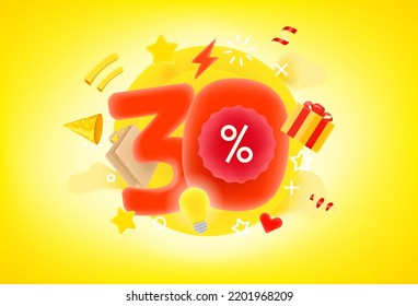 30 percent shopping discount concept. 3d style cute vector illustration
