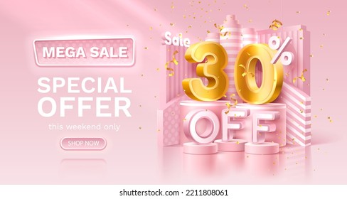 30 por ciento Oferta especial mega venta, confeti dorado, podio y caja de regalo. Cartel y afiche de venta. Ilustración vectorial.