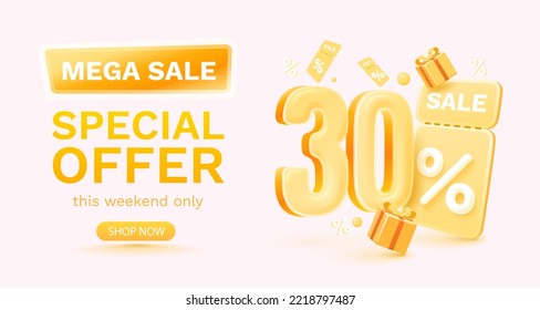 30 percent Special offer mega sale, Check and gift box. Sale banner and poster. Vector illustration.