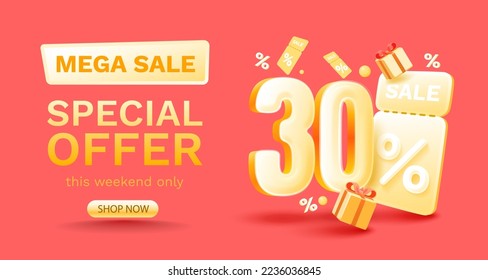 30 por ciento Oferta especial mega venta, cheque y caja de regalo. Cartel y afiche de venta. Ilustración vectorial.