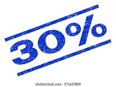 30 Percent watermark stamp. Text caption between parallel lines with grunge design style. Rotated rubber seal stamp with dust texture. Vector blue ink imprint on a white background.