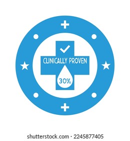30% percentage  clinically proven vector icon. Clinically tested, approved, vector badge. Clinically proven guaranteed result icon. Sticker, label or stamp vector.