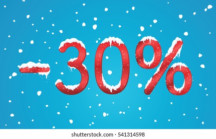 30 percents discount numbers with snow and icicles. Snowing retail winter digits for your business web site or banners. Advertisement price for shopping in EPS10 vector on blue background